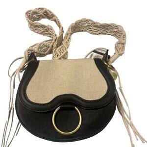 M&S Collection Black/Canvas Crochet Strap Saddle Look Shoulder Bag